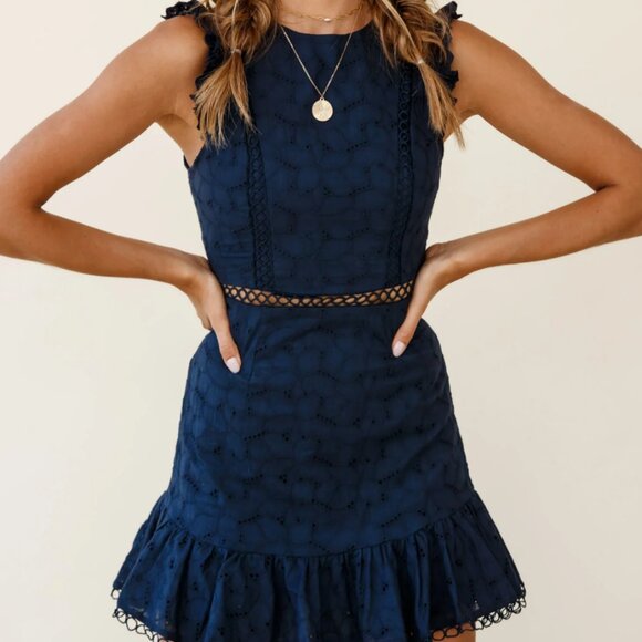 Reaching For Stars Corset Back Broderie Anglaise Dress Navy - Picture 1 of 5